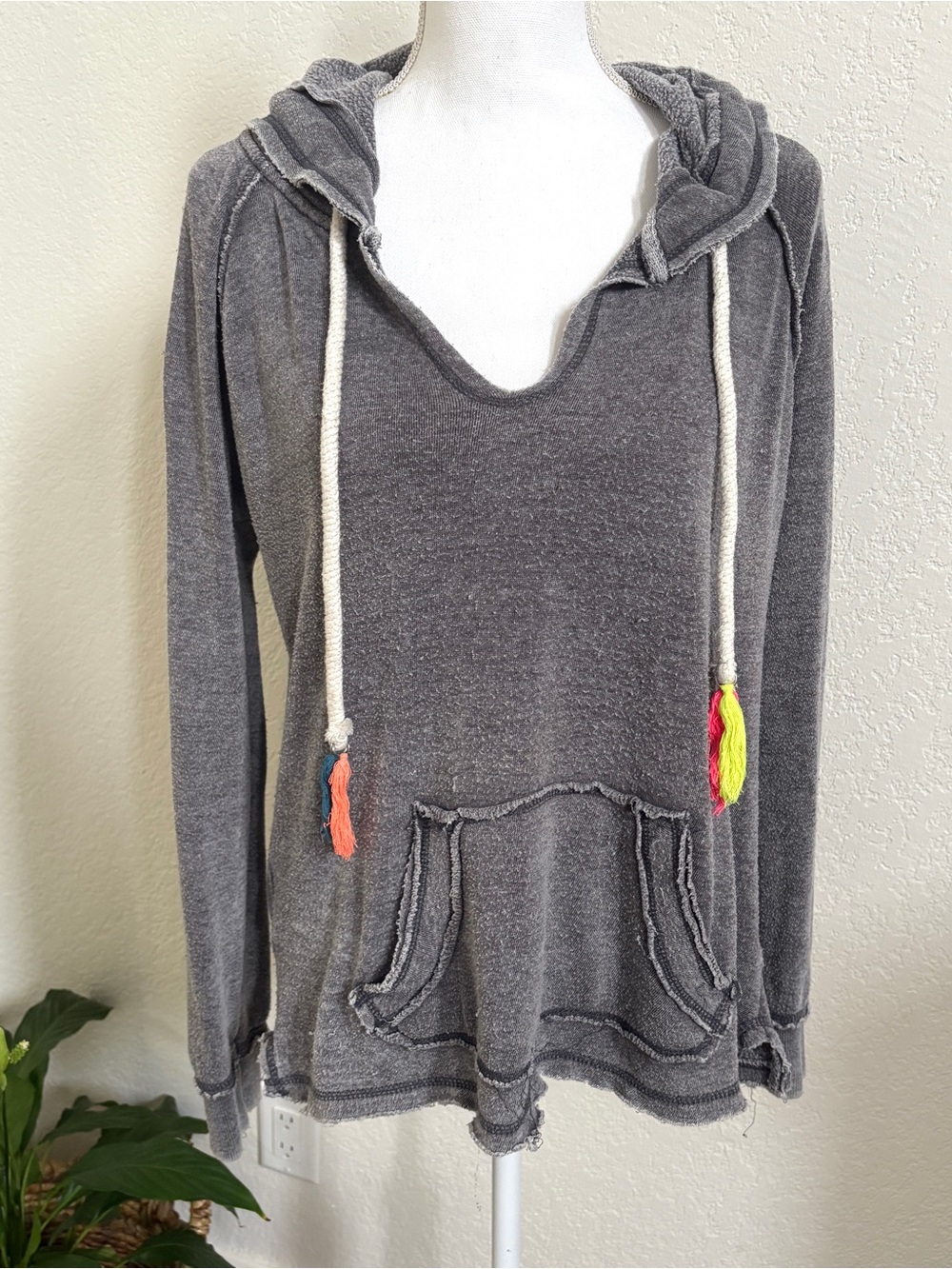 Ocean Drive Charcoal Gray Hoodie Pullover Sweatshirt with colourful Tassel